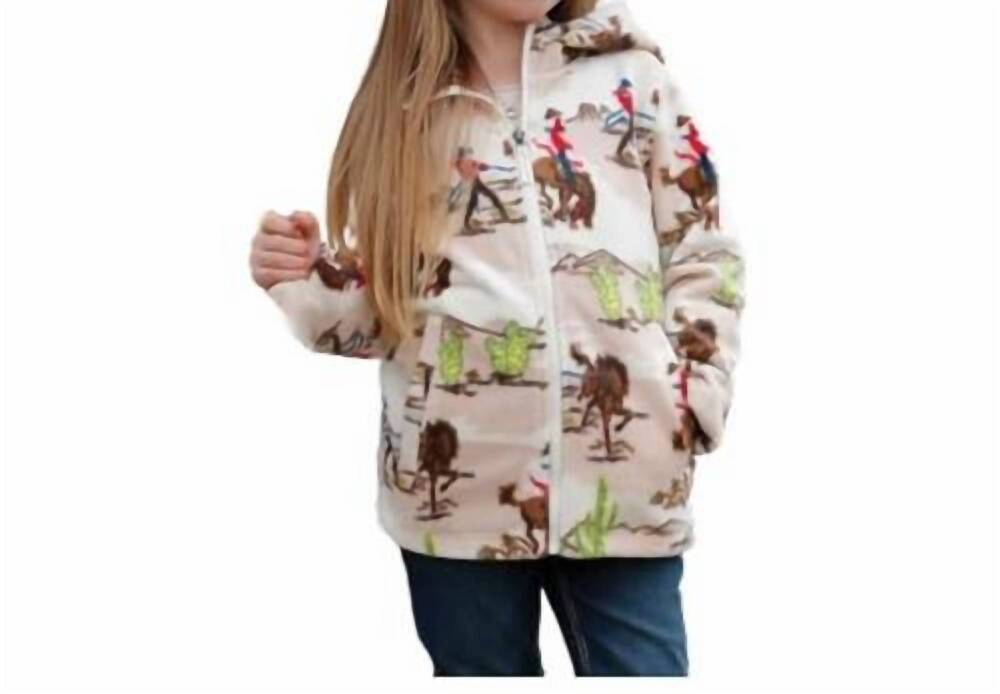NEW CINCH girls' hooded polar fleece full zip print jacket in cream